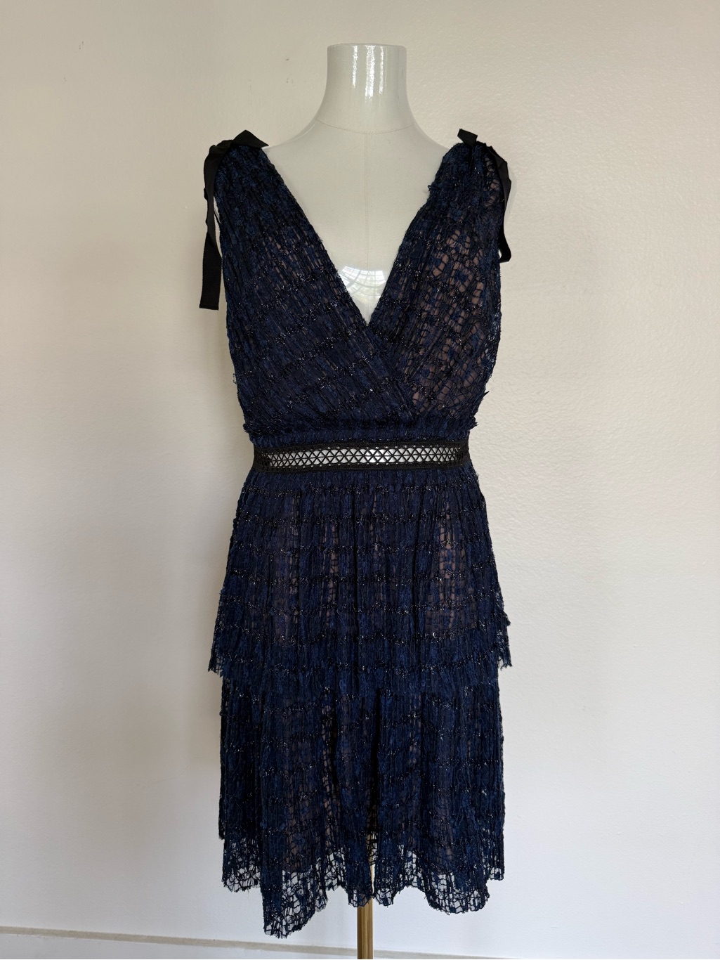 Self-Portrait Navy Lace Tiered V-Neck Midi Dress